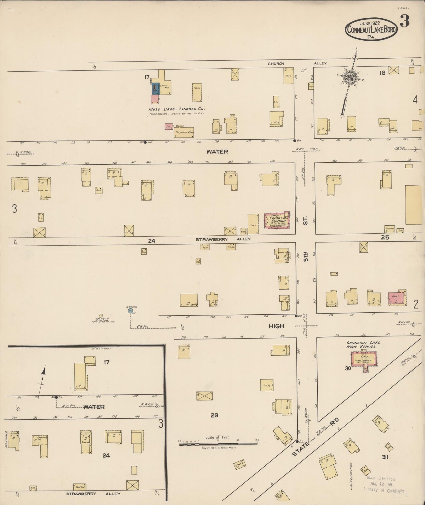 Sanborn Fire Insurance Map from Conneaut Lake Borough, Crawford County, Pennsylvania (1922), Sheet #0003 - Historic Sanborn Fire Insurance Map Print, vintage old map wall art, antique decor, genealogy gift, Pennsylvania Pennsylvania map