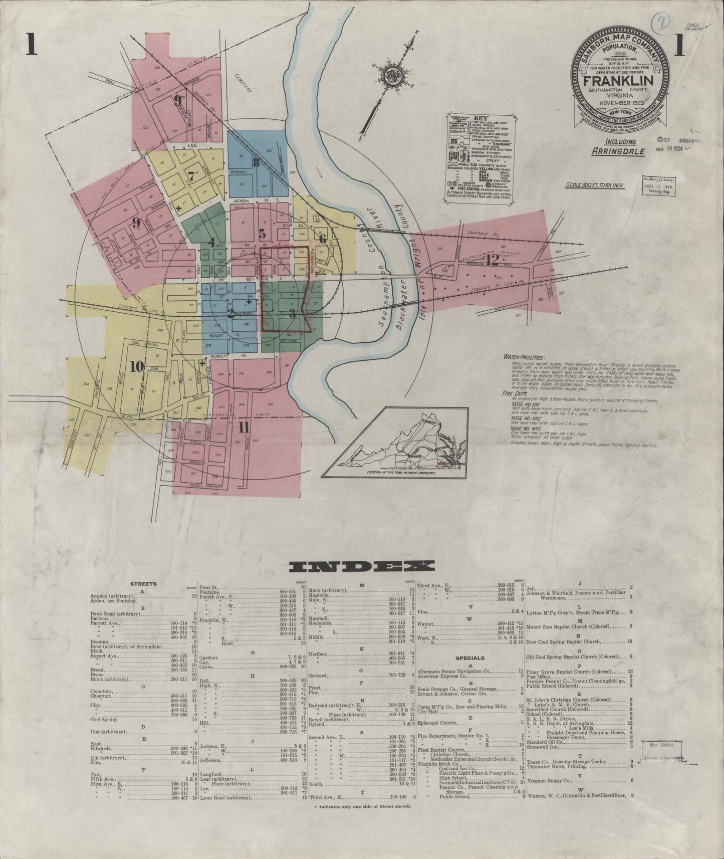 Sanborn Fire Insurance Map from Franklin, Independent Cities, Virginia (1923), Sheet #0001 - Complete Map Set gallery image, historic Sanborn map, vintage wall art, Virginia Virginia