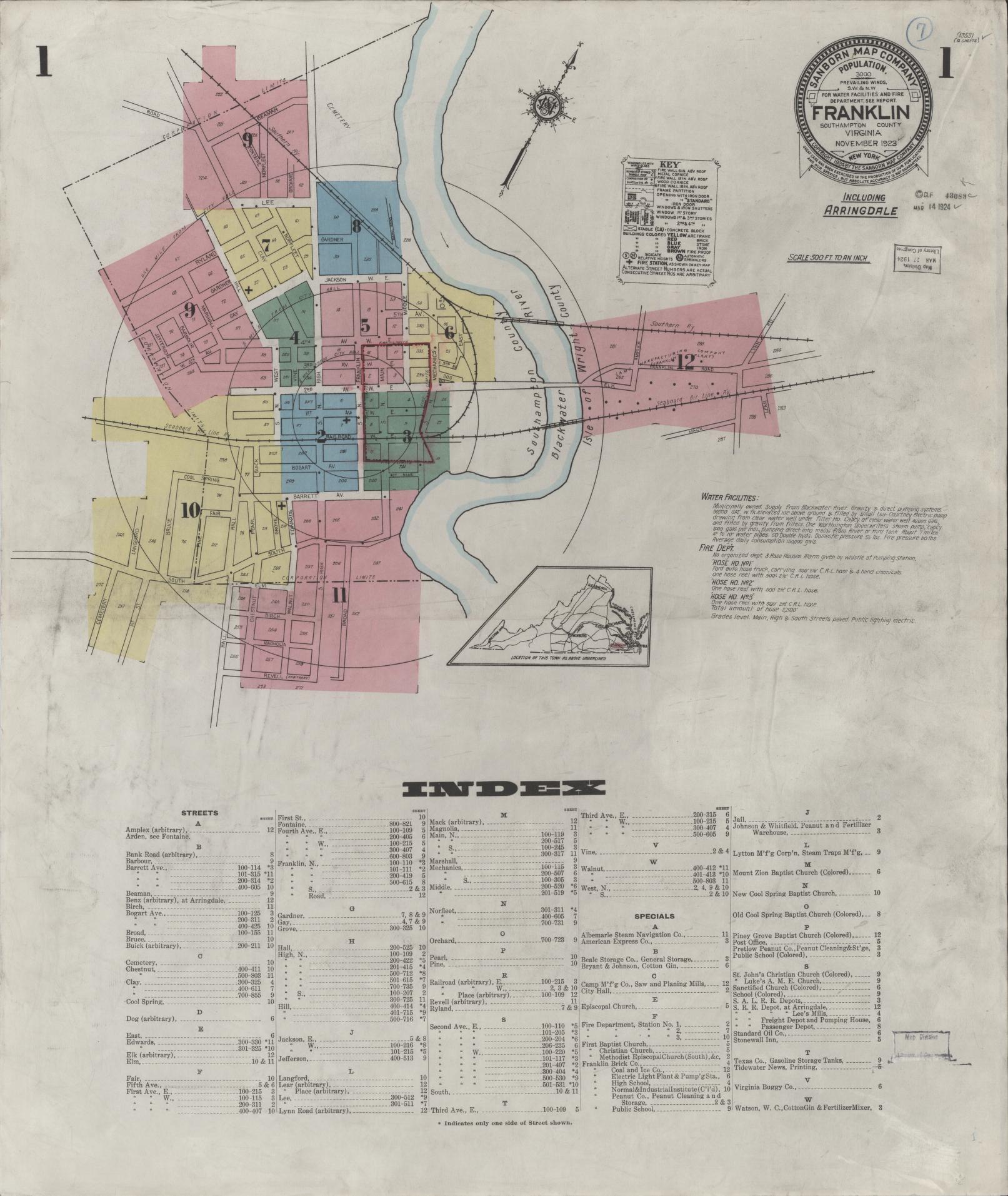 Sanborn Fire Insurance Map from Franklin, Independent Cities, Virginia (1923), Sheet #0001 - Complete Map Set gallery image, historic Sanborn map, vintage wall art, Virginia Virginia