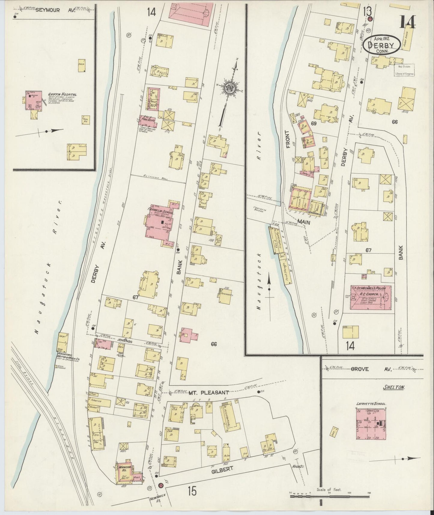 Sanborn Fire Insurance Map from Derby, New Haven County, Connecticut (1912), Sheet #0014 - Complete Map Set gallery image, historic Sanborn map, vintage wall art, Connecticut Connecticut