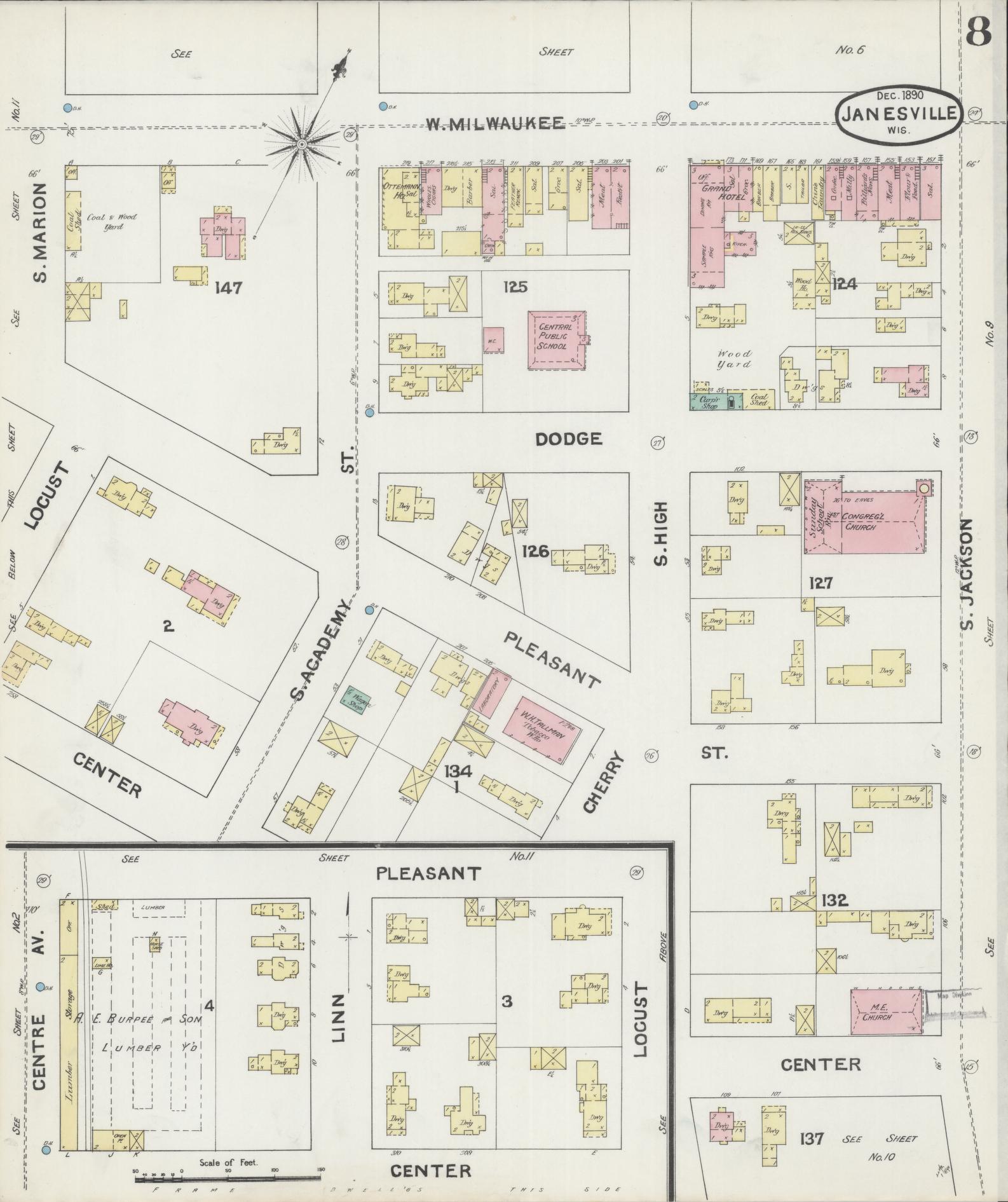 Sanborn Fire Insurance Map from Janesville, Rock County, Wisconsin (1890), Sheet #0008 - Complete Map Set gallery image, historic Sanborn map, vintage wall art, Wisconsin Wisconsin