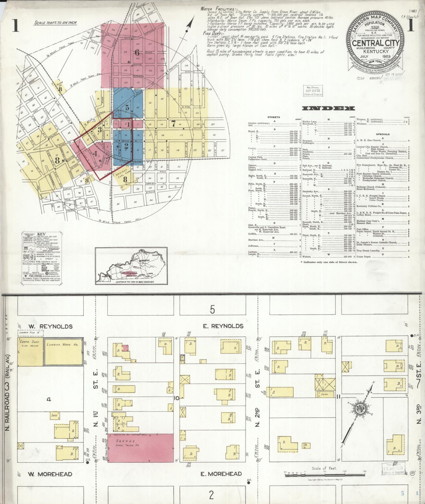 Sanborn Fire Insurance Map from Central City, Mublenberg County, Kentucky (1923), Sheet #0001 - Historic Sanborn Fire Insurance Map Print, vintage old map wall art, antique decor, genealogy gift, Kentucky Kentucky map