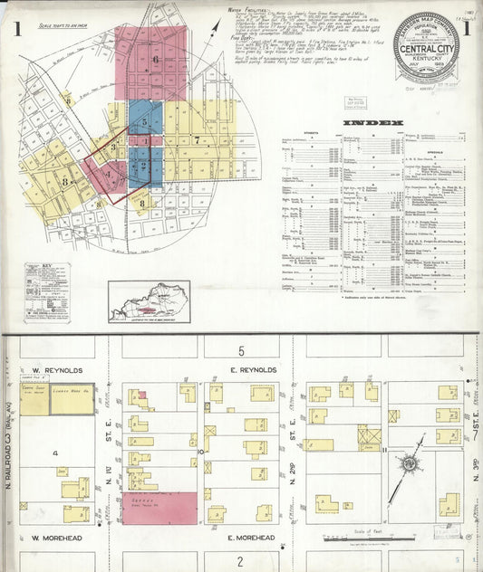 Sanborn Fire Insurance Map from Central City, Mublenberg County, Kentucky (1923), Sheet #0001 - Historic Sanborn Fire Insurance Map Print, vintage old map wall art, antique decor, genealogy gift, Kentucky Kentucky map