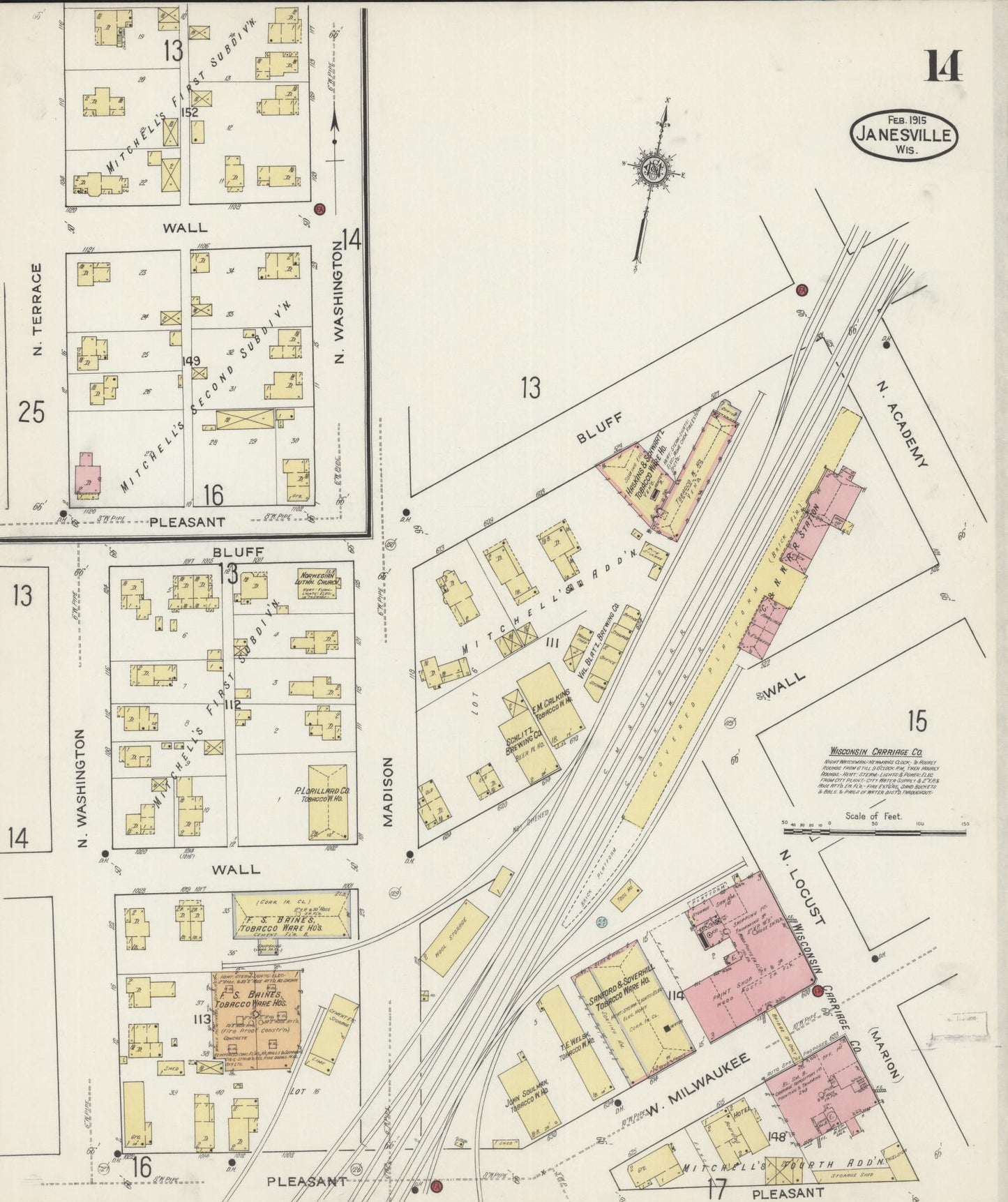 Sanborn Fire Insurance Map from Janesville, Rock County, Wisconsin (1915), Sheet #0014 - Historic Sanborn Fire Insurance Map Print, vintage old map wall art, antique decor, genealogy gift, Wisconsin Wisconsin map