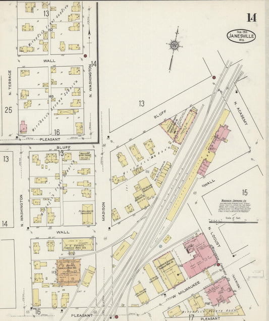 Sanborn Fire Insurance Map from Janesville, Rock County, Wisconsin (1915), Sheet #0014 - Historic Sanborn Fire Insurance Map Print, vintage old map wall art, antique decor, genealogy gift, Wisconsin Wisconsin map
