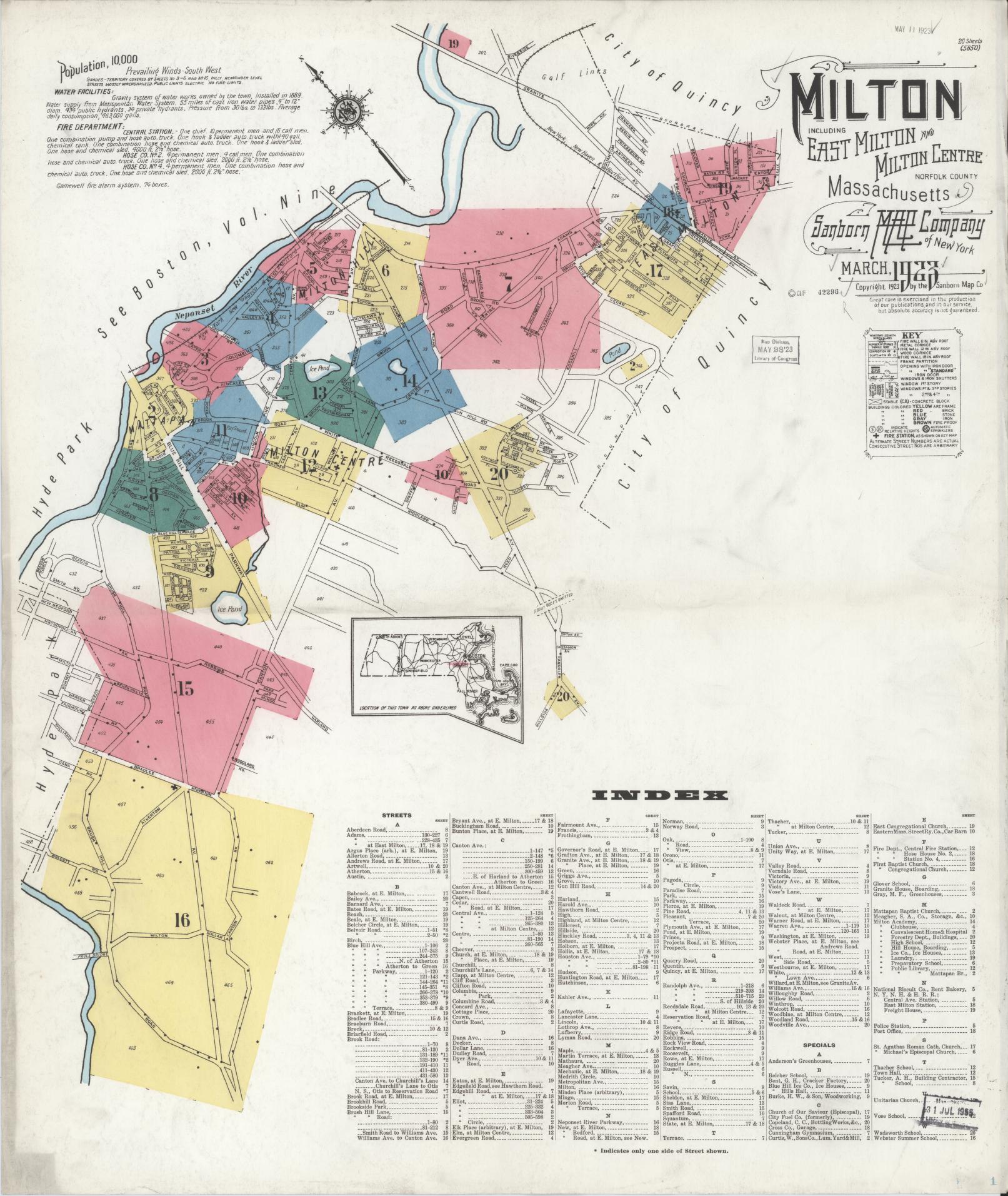 Sanborn Fire Insurance Map from Milton, Norfolk County, Massachusetts (1923), Sheet #0001 - Complete Map Set gallery image, historic Sanborn map, vintage wall art, Massachusetts Massachusetts