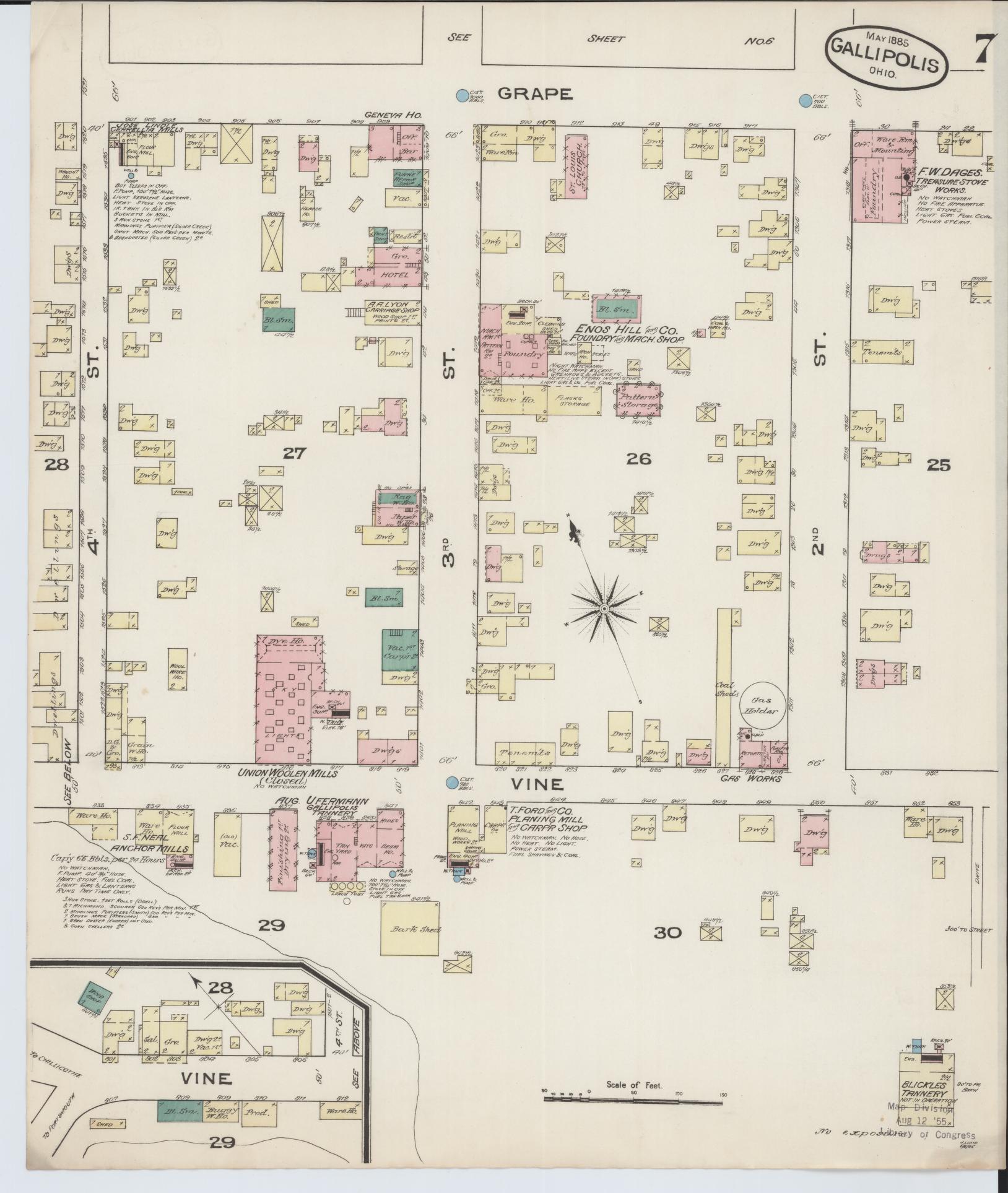Sanborn Fire Insurance Map from Gallipolis, Gallia County, Ohio (1885), Sheet #0007 - Historic Sanborn Fire Insurance Map Print, vintage old map wall art, antique decor, genealogy gift, Ohio Ohio map