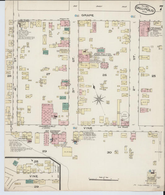 Sanborn Fire Insurance Map from Gallipolis, Gallia County, Ohio (1885), Sheet #0007 - Historic Sanborn Fire Insurance Map Print, vintage old map wall art, antique decor, genealogy gift, Ohio Ohio map
