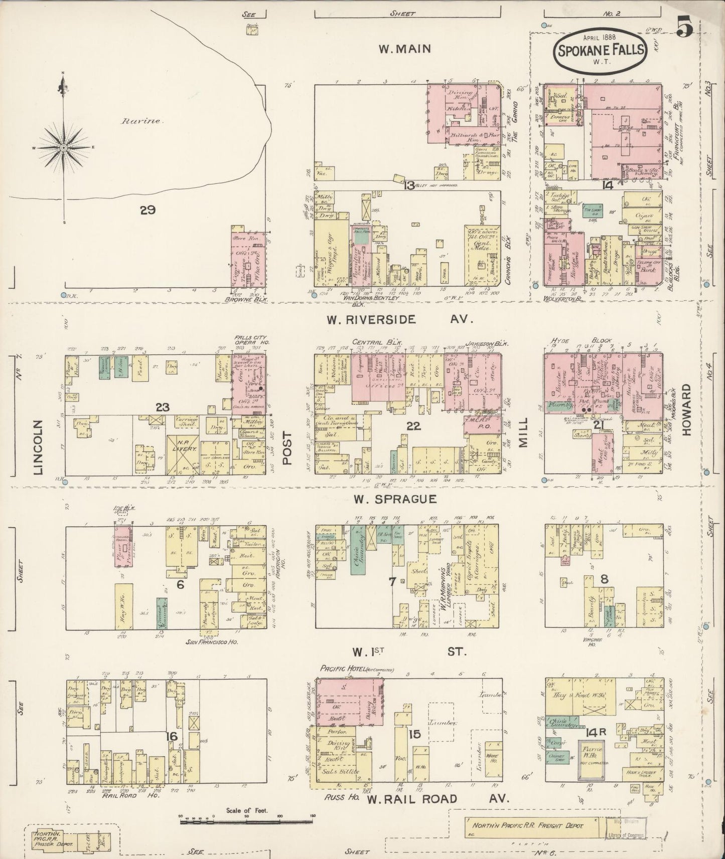 Sanborn Fire Insurance Map from Spokane, Spokane County, Washington (1888), Sheet #0005 - Complete Map Set gallery image, historic Sanborn map, vintage wall art, Washington Washington