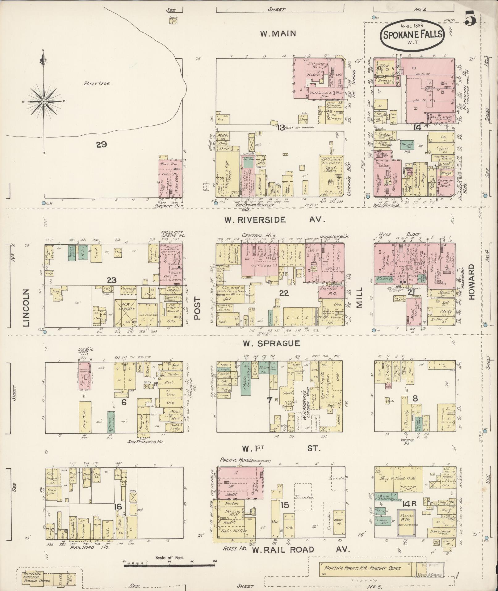 Sanborn Fire Insurance Map from Spokane, Spokane County, Washington (1888), Sheet #0005 - Complete Map Set gallery image, historic Sanborn map, vintage wall art, Washington Washington
