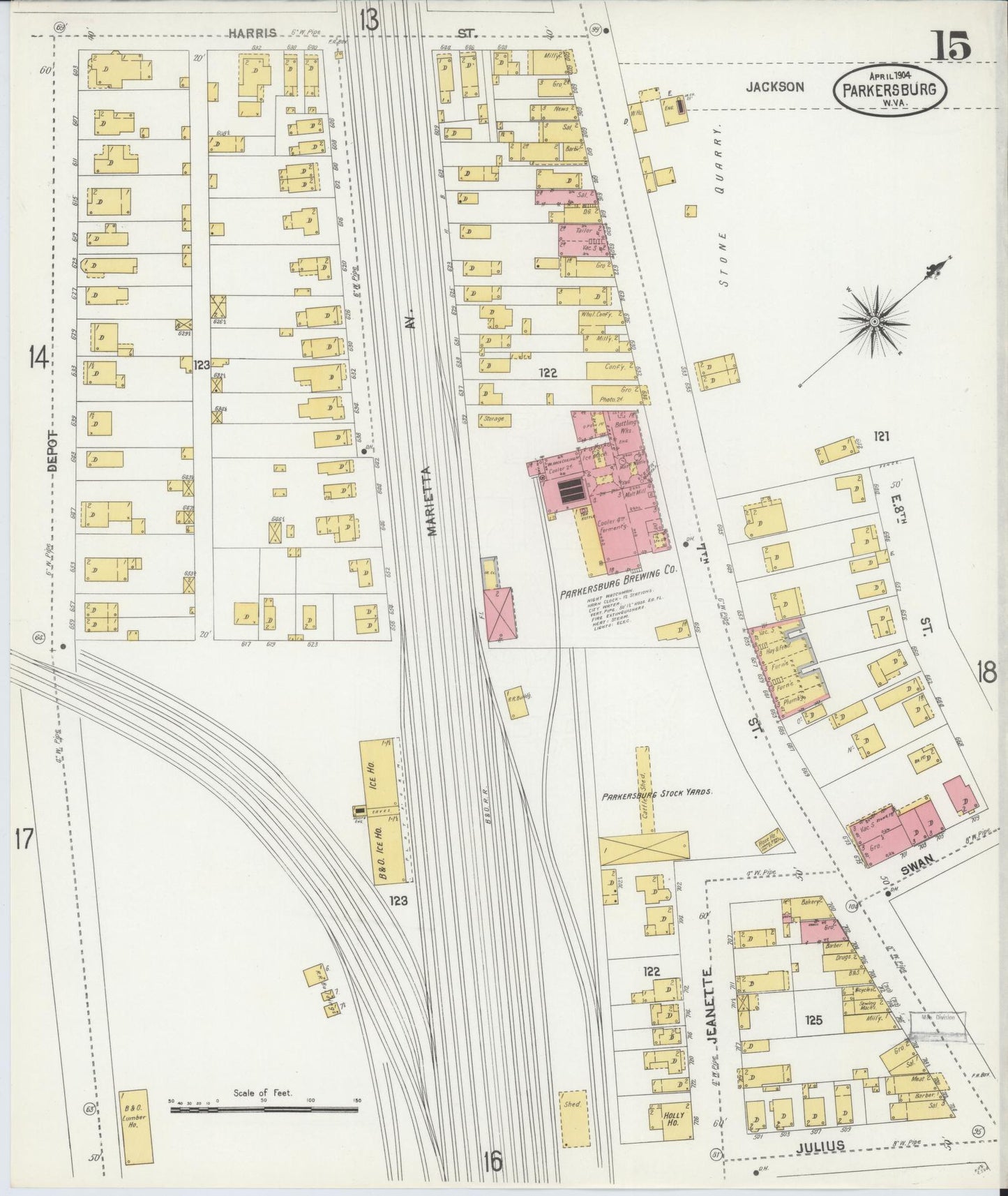 Sanborn Fire Insurance Map from Parkersburg, Wood County, West Virginia (1904), Sheet #0015 - Historic Sanborn Fire Insurance Map Print, vintage old map wall art, antique decor, genealogy gift, West Virginia West Virginia map