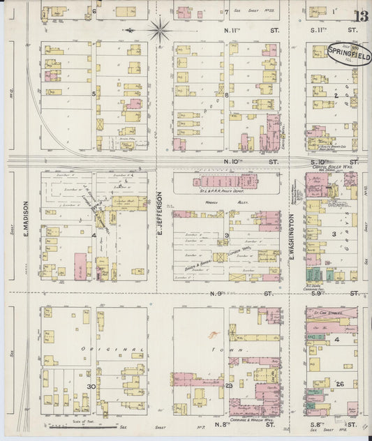 Sanborn Fire Insurance Map from Springfield, Sangamon County, Illinois (1890), Sheet #0013 - Historic Sanborn Fire Insurance Map Print, vintage old map wall art, antique decor, genealogy gift, Illinois Illinois map