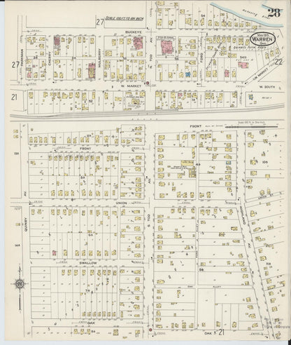 Sanborn Fire Insurance Map from Warren, Trumbull County, Ohio (1915), Sheet #0028 - Historic Sanborn Fire Insurance Map Print, vintage old map wall art, antique decor, genealogy gift, Ohio Ohio map