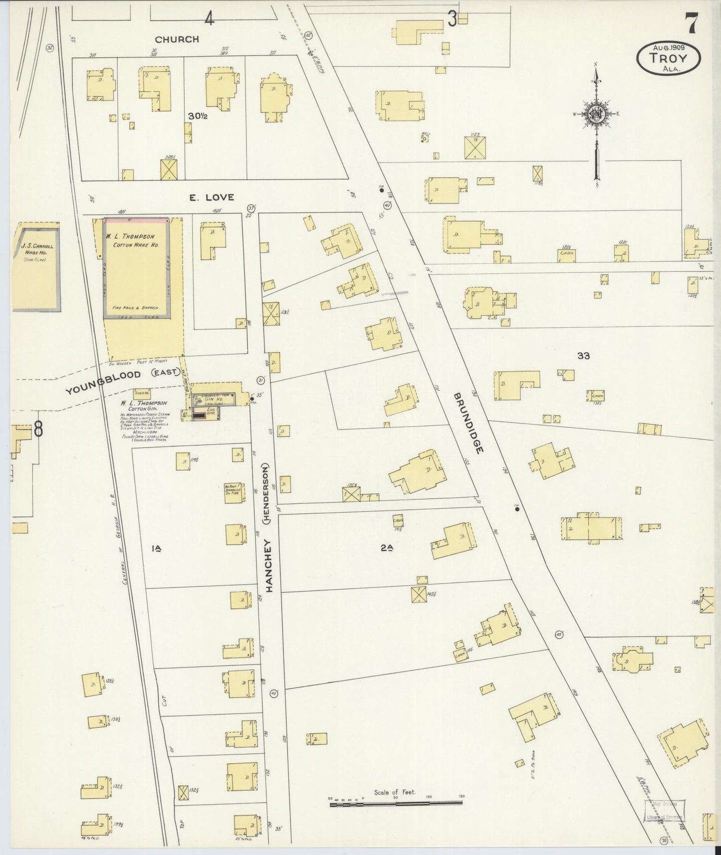 Sanborn Fire Insurance Map from Troy, Pike County, Alabama (1909), Sheet #0007 - Complete Map Set gallery image, historic Sanborn map, vintage wall art, Alabama Alabama