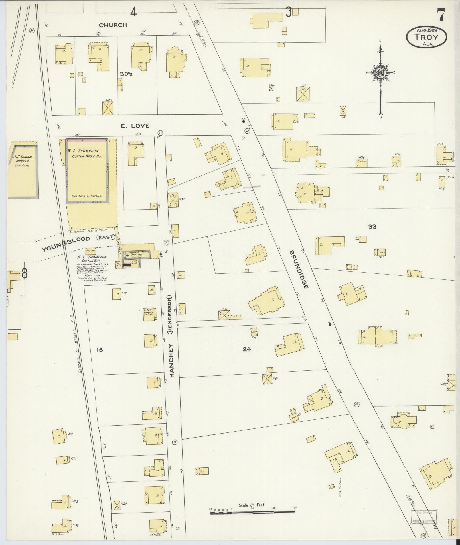 Sanborn Fire Insurance Map from Troy, Pike County, Alabama (1909), Sheet #0007 - Complete Map Set gallery image, historic Sanborn map, vintage wall art, Alabama Alabama