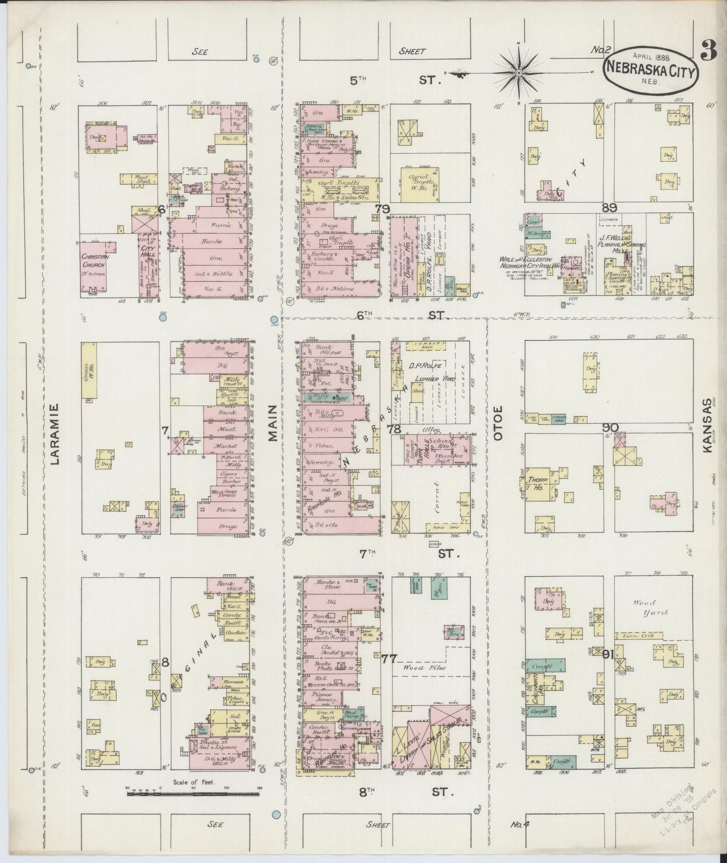 Sanborn Fire Insurance Map from Nebraska City, Otoe County, Nebraska (1888), Sheet #0003 - Historic Sanborn Fire Insurance Map Print, vintage old map wall art, antique decor, genealogy gift, Nebraska Nebraska map