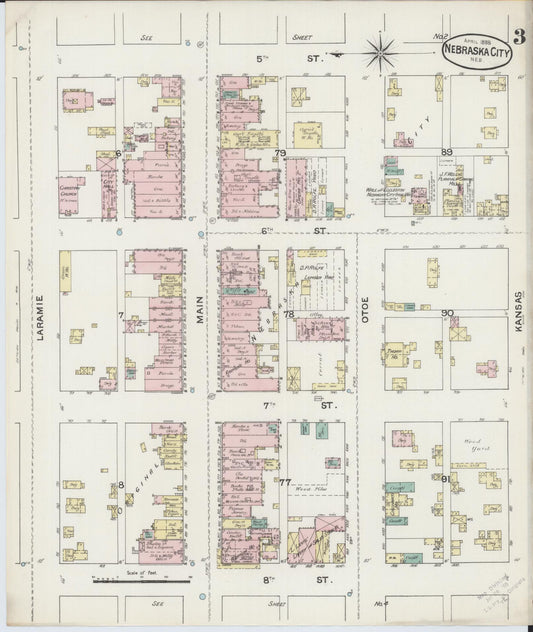 Sanborn Fire Insurance Map from Nebraska City, Otoe County, Nebraska (1888), Sheet #0003 - Historic Sanborn Fire Insurance Map Print, vintage old map wall art, antique decor, genealogy gift, Nebraska Nebraska map