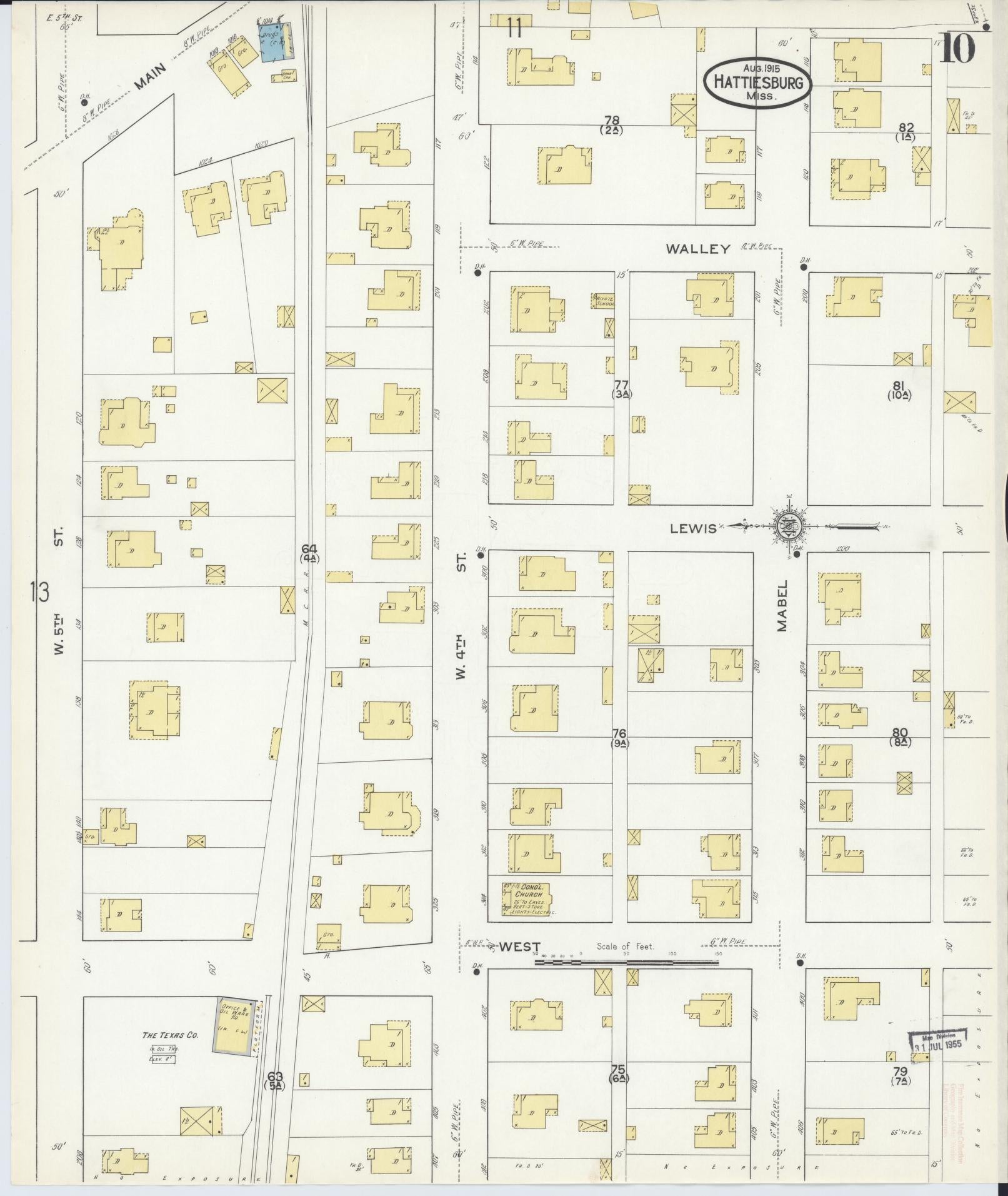 Sanborn Fire Insurance Map from Hattiesburg, Forrest County, Mississippi (1915), Sheet #0010 - Historic Sanborn Fire Insurance Map Print, vintage old map wall art, antique decor, genealogy gift, Mississippi Mississippi map