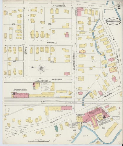 Sanborn Fire Insurance Map from Hornell, Steuben County, New York (1893), Sheet #0002 - Historic Sanborn Fire Insurance Map Print, vintage old map wall art, antique decor, genealogy gift, New York New York map