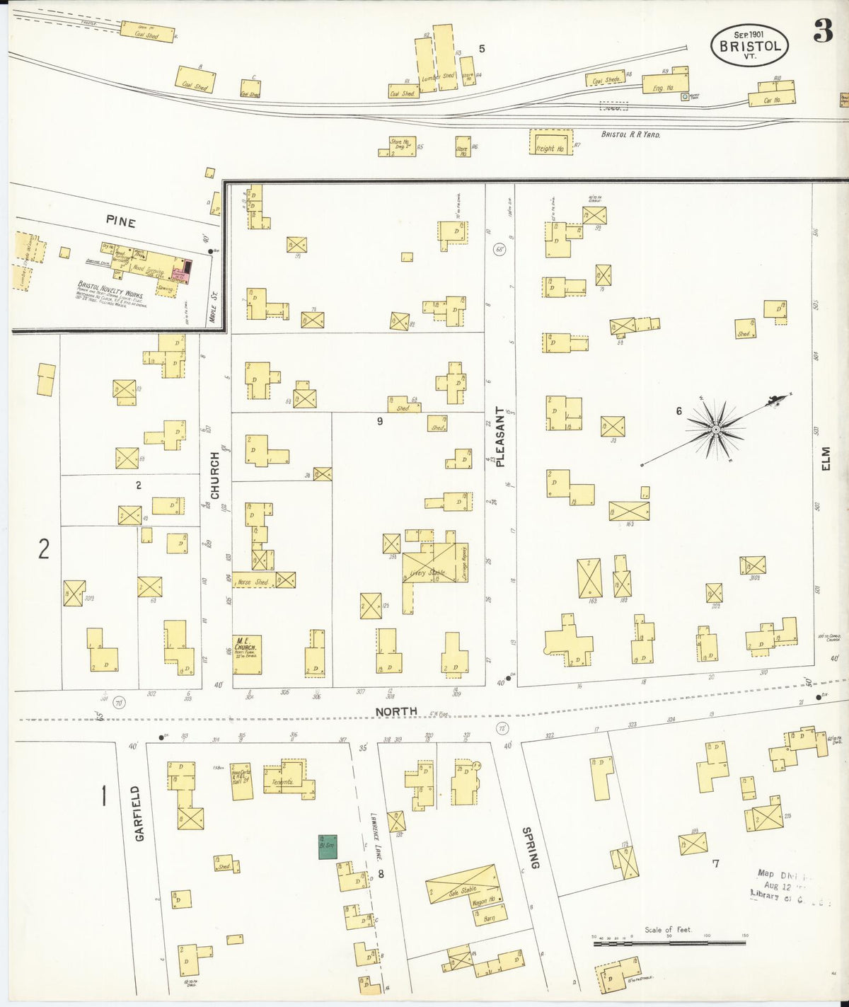 Sanborn Fire Insurance Map from Bristol, Addison County, Vermont (1901), Sheet #0003 - Historic Sanborn Fire Insurance Map Print, vintage old map wall art, antique decor, genealogy gift, Vermont Vermont map