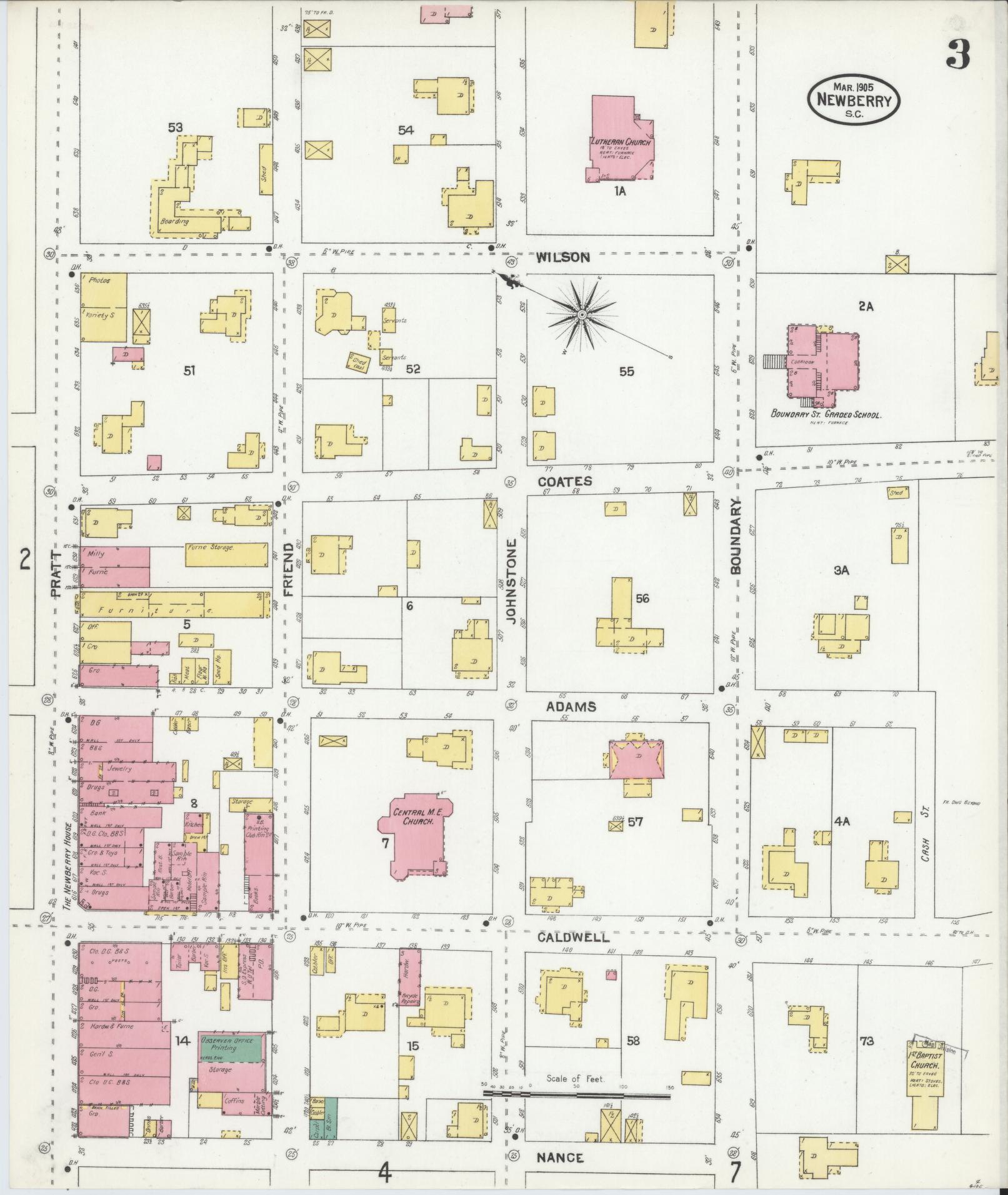 Sanborn Fire Insurance Map from Newberry, Newberry County, South Carolina (1905), Sheet #0003 - Historic Sanborn Fire Insurance Map Print, vintage old map wall art, antique decor, genealogy gift, South Carolina South Carolina map