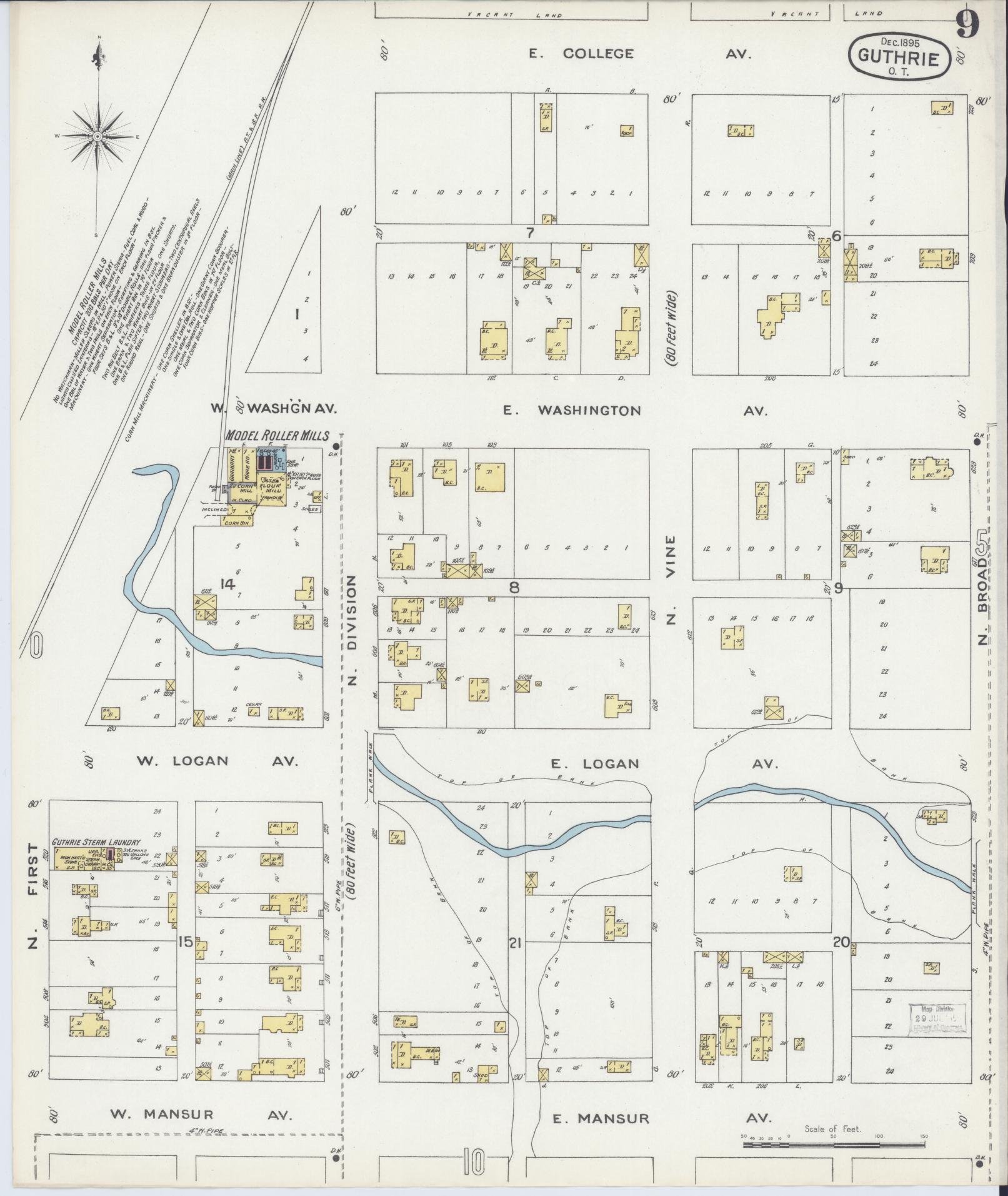 Sanborn Fire Insurance Map from Guthrie, Logan County, Oklahoma (1895), Sheet #0009 - Historic Sanborn Fire Insurance Map Print, vintage old map wall art, antique decor, genealogy gift, Oklahoma Oklahoma map