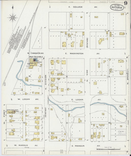 Sanborn Fire Insurance Map from Guthrie, Logan County, Oklahoma (1895), Sheet #0009 - Historic Sanborn Fire Insurance Map Print, vintage old map wall art, antique decor, genealogy gift, Oklahoma Oklahoma map