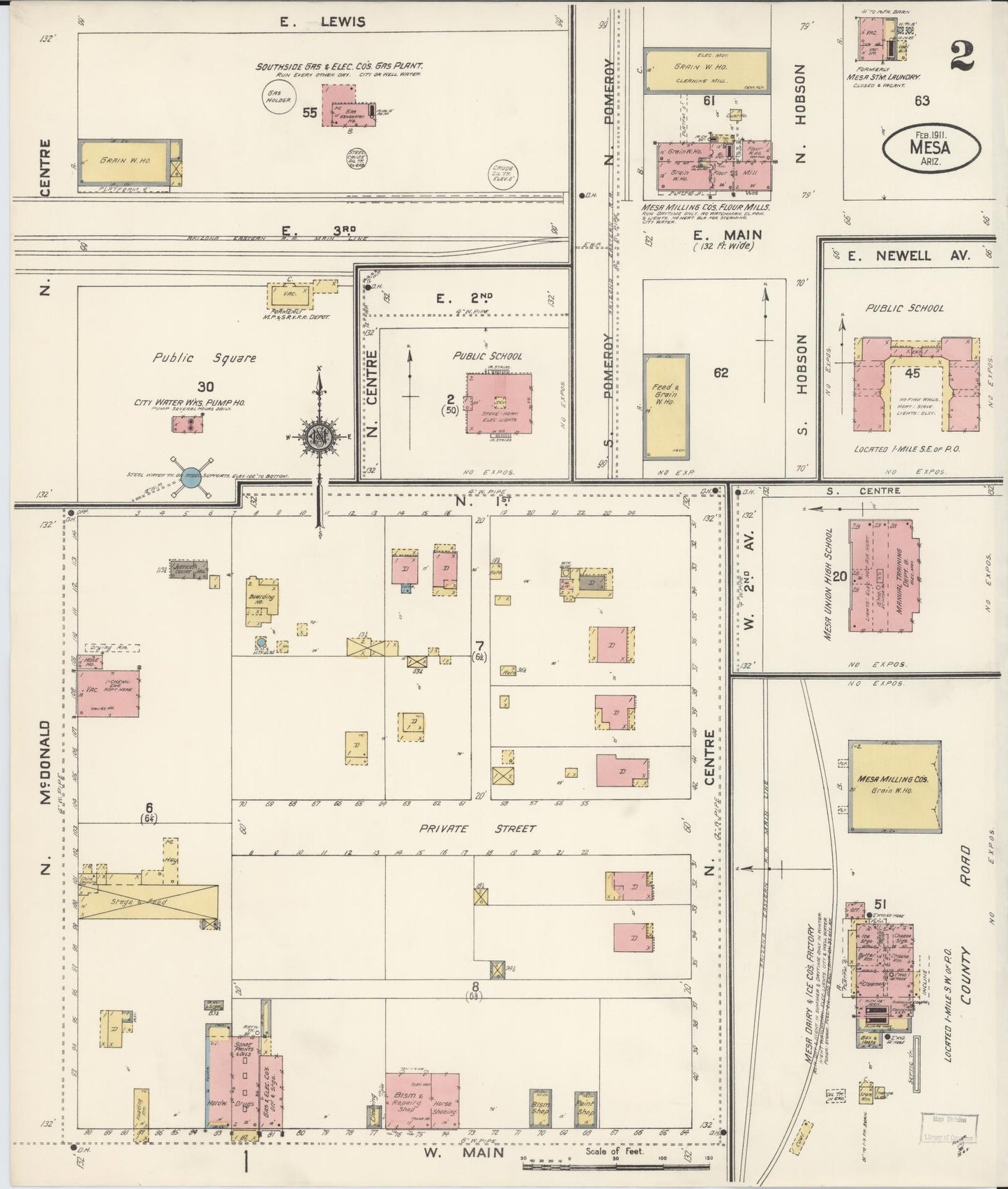 Sanborn Fire Insurance Map from Mesa, Maricopa County, Arizona (1911), Sheet #0002 - Complete Map Set gallery image, historic Sanborn map, vintage wall art, Arizona Arizona