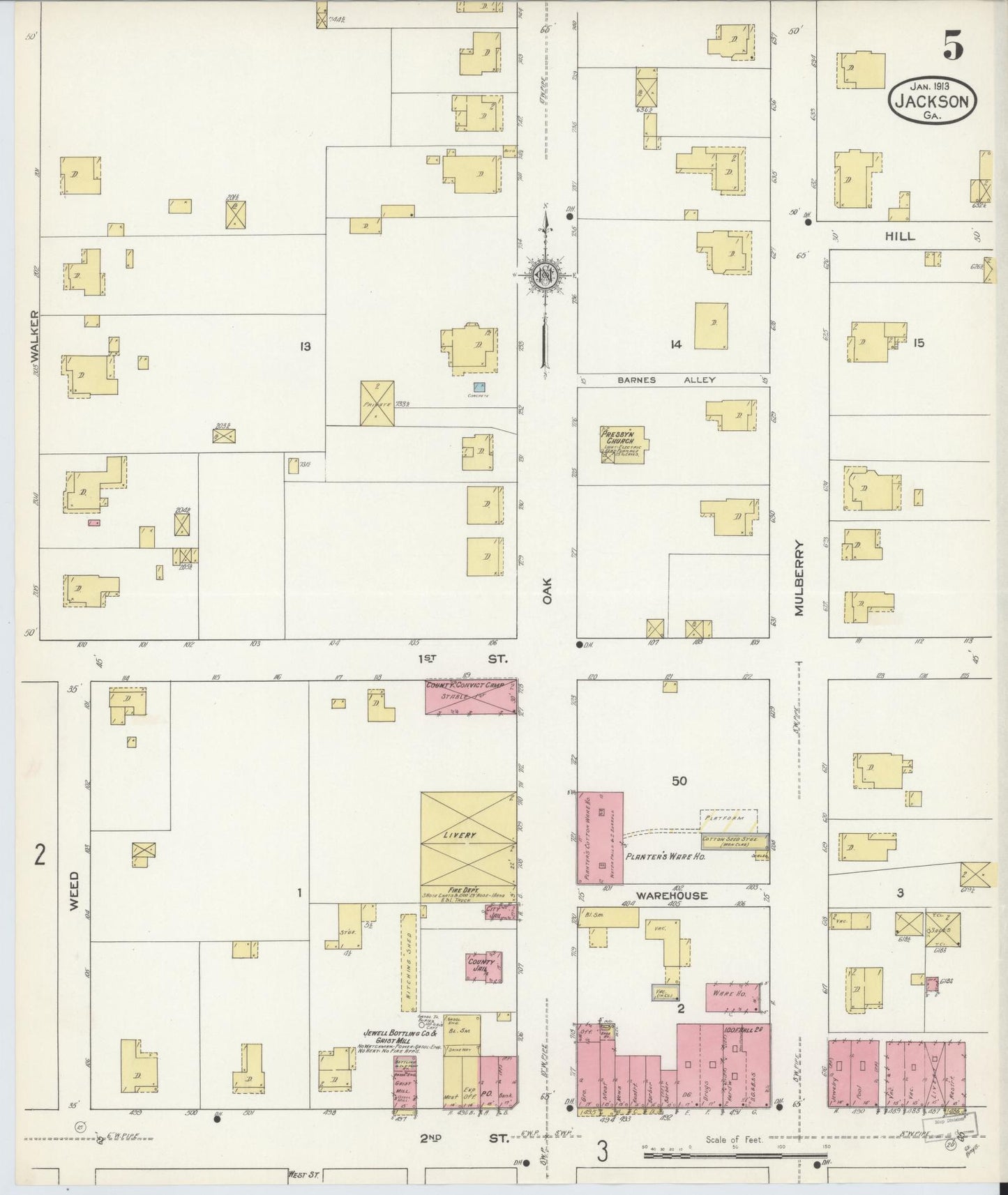 Sanborn Fire Insurance Map from Jackson, Butts County, Georgia (1913), Sheet #0005 - Historic Sanborn Fire Insurance Map Print, vintage old map wall art, antique decor, genealogy gift, Georgia Georgia map