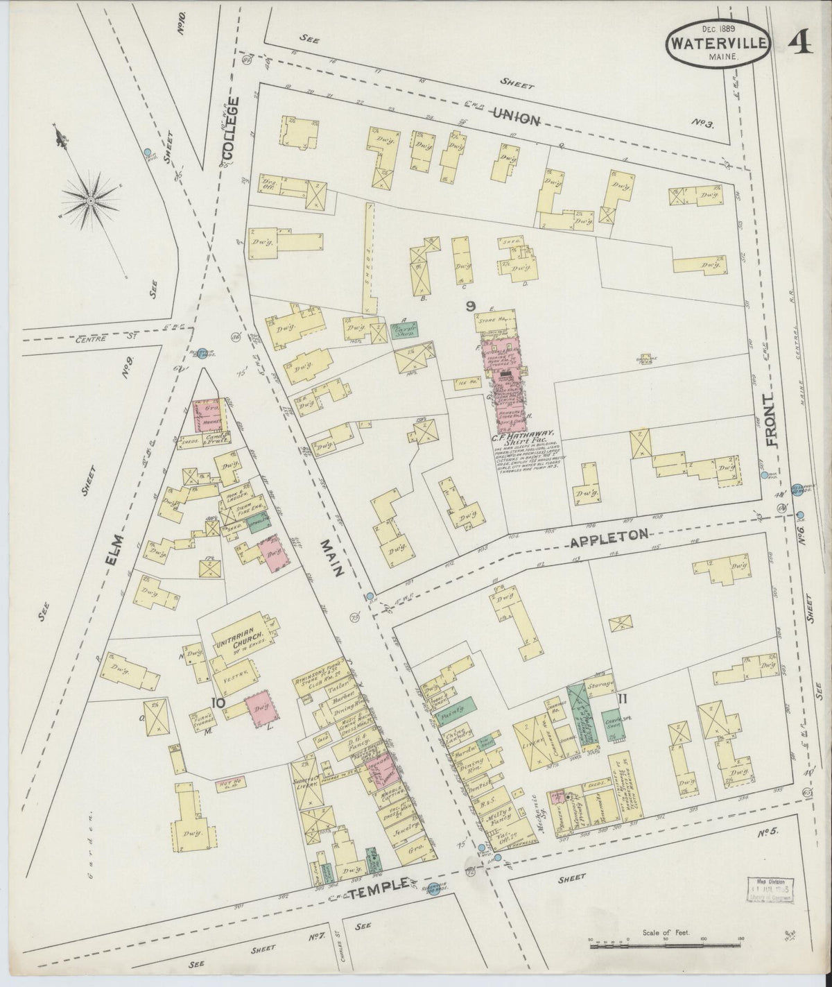 Sanborn Fire Insurance Map from Waterville, Kennebec County, Maine (1889), Sheet #0004 - Historic Sanborn Fire Insurance Map Print, vintage old map wall art, antique decor, genealogy gift, Maine Maine map