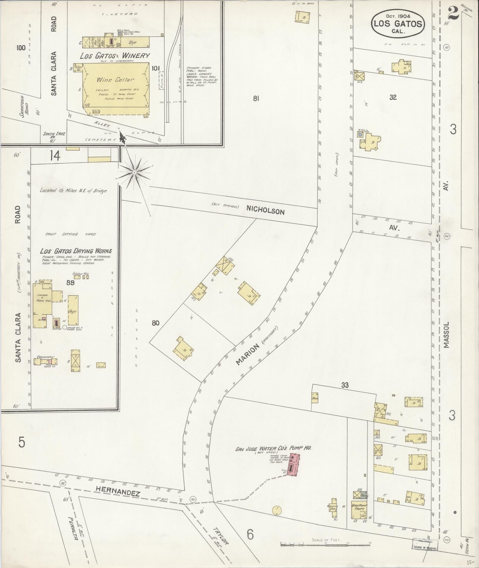 Sanborn Fire Insurance Map from Los Gatos, Santa Clara County, California (1904), Sheet #0002 - Complete Map Set gallery image, historic Sanborn map, vintage wall art, California California