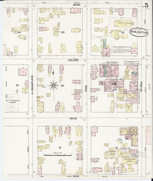 Sanborn Fire Insurance Map from Burlington, Chittenden County, Vermont (1889), Sheet #0005 - Historic Sanborn Fire Insurance Map Print, vintage old map wall art, antique decor, genealogy gift, Vermont Vermont map
