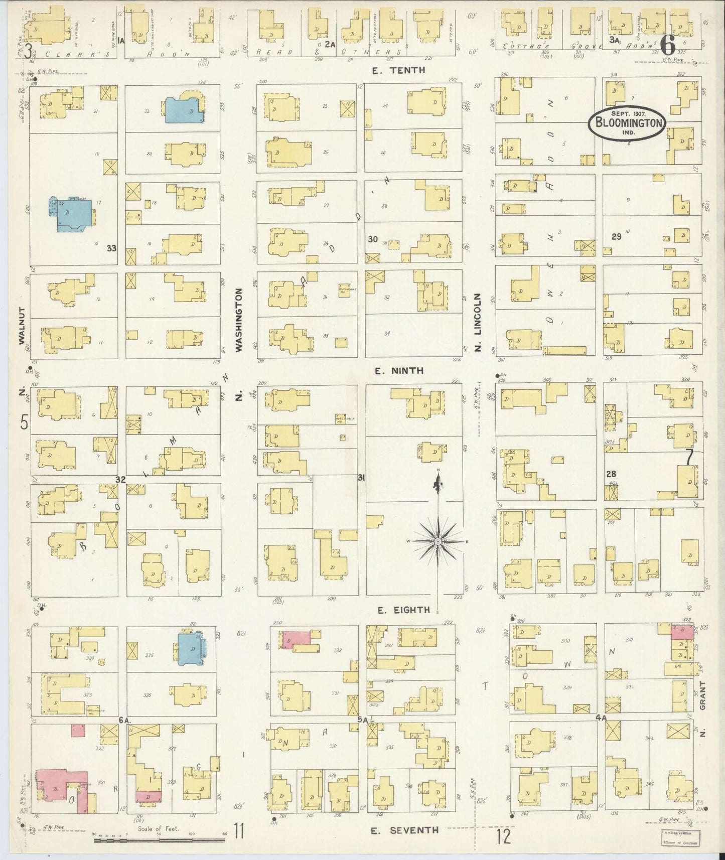 Sanborn Fire Insurance Map from Bloomington, Monroe County, Indiana (1907), Sheet #0006 - Historic Sanborn Fire Insurance Map Print, vintage old map wall art, antique decor, genealogy gift, Indiana Indiana map
