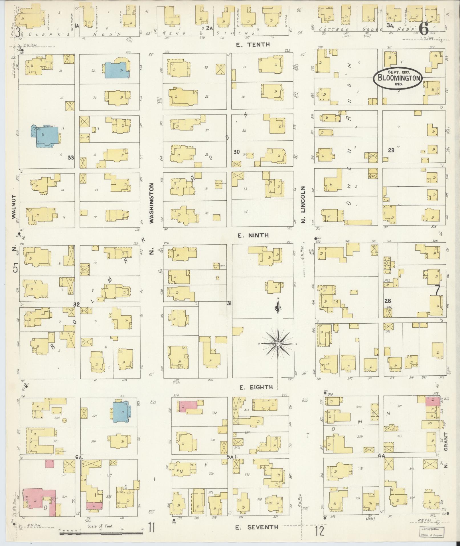 Sanborn Fire Insurance Map from Bloomington, Monroe County, Indiana (1907), Sheet #0006 - Historic Sanborn Fire Insurance Map Print, vintage old map wall art, antique decor, genealogy gift, Indiana Indiana map