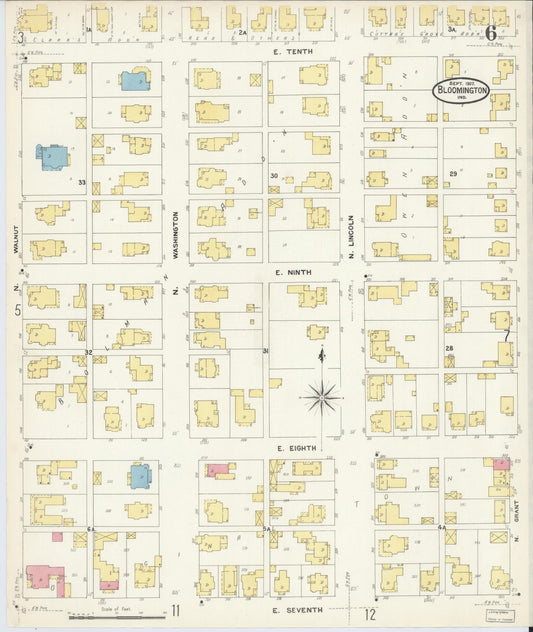 Sanborn Fire Insurance Map from Bloomington, Monroe County, Indiana (1907), Sheet #0006 - Historic Sanborn Fire Insurance Map Print, vintage old map wall art, antique decor, genealogy gift, Indiana Indiana map
