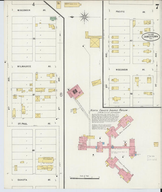 Sanborn Fire Insurance Map from Jamestown, Stutsman County, North Dakota (1898), Sheet #0007 - Historic Sanborn Fire Insurance Map Print, vintage old map wall art, antique decor, genealogy gift, North Dakota North Dakota map