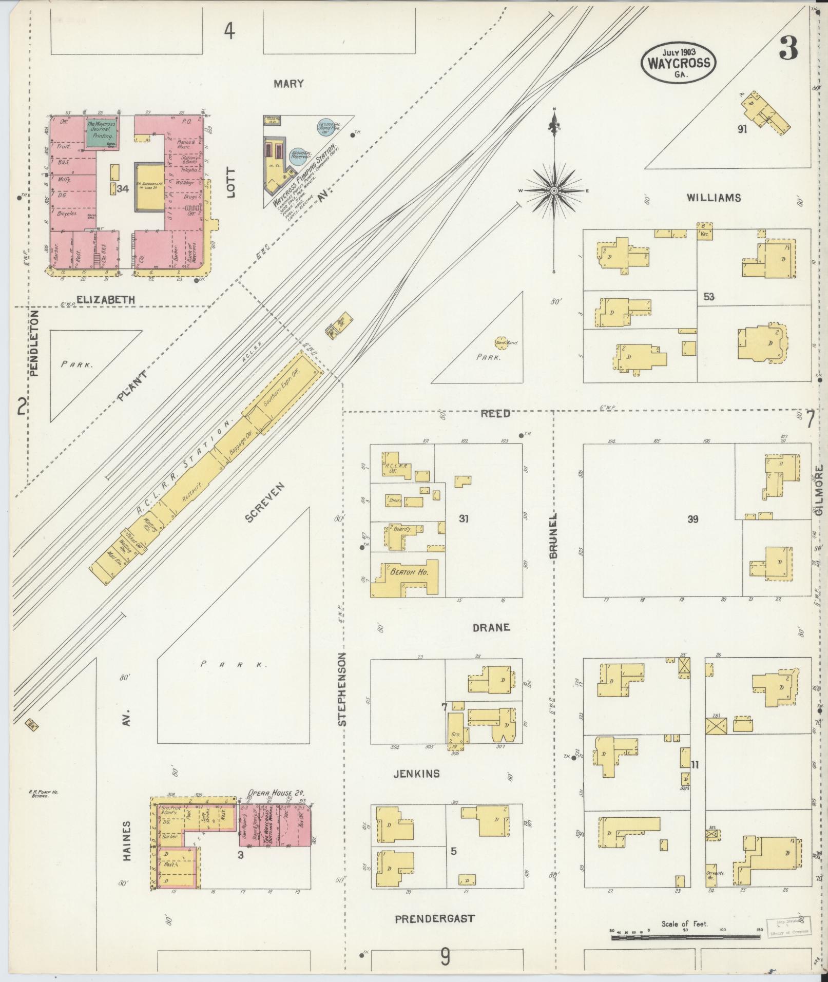 Sanborn Fire Insurance Map from Waycross, Ware County, Georgia (1903), Sheet #0003 - Historic Sanborn Fire Insurance Map Print, vintage old map wall art, antique decor, genealogy gift, Georgia Georgia map