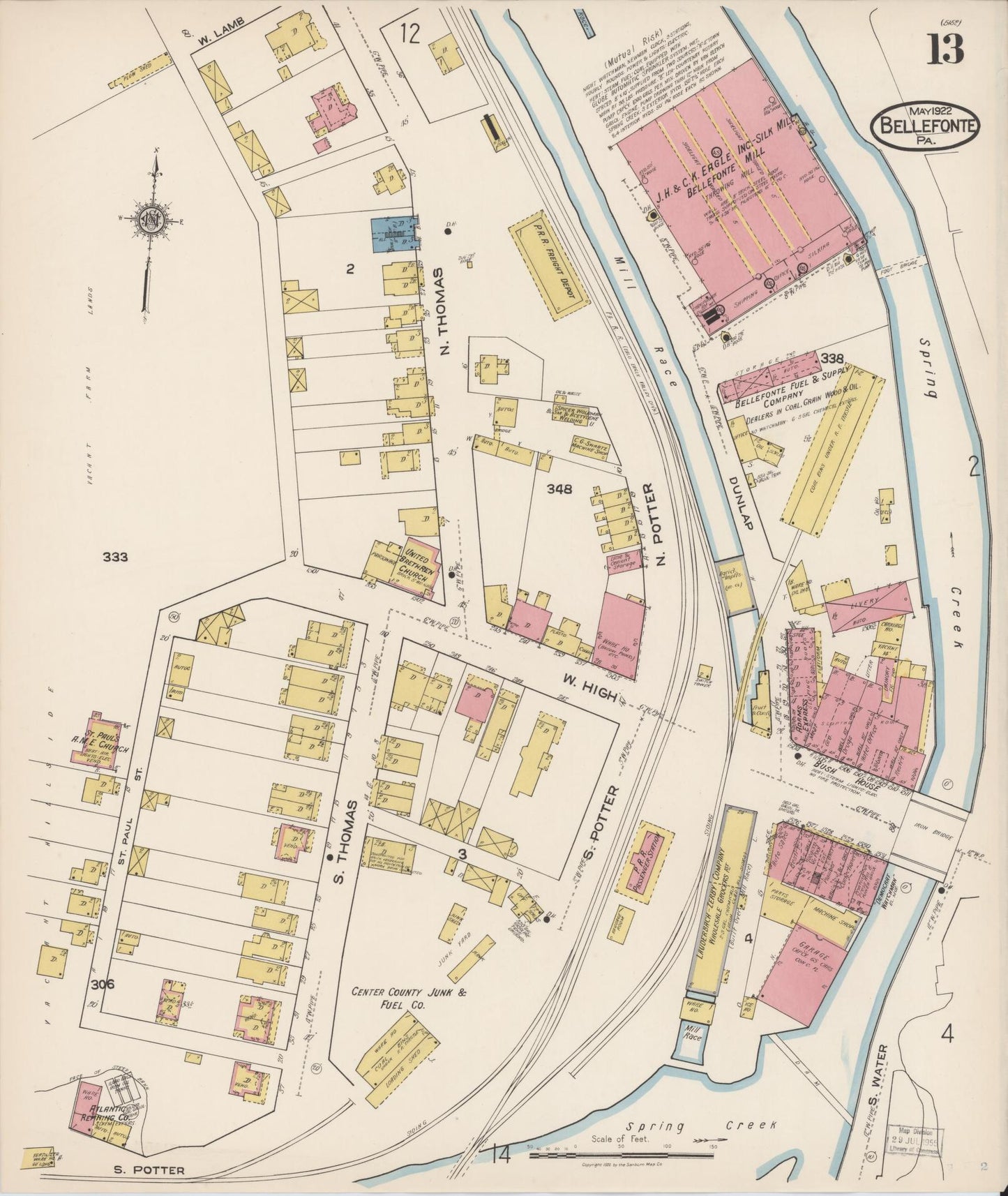 Sanborn Fire Insurance Map from Bellefonte, Centre County, Pennsylvania (1922), Sheet #0013 - Historic Sanborn Fire Insurance Map Print, vintage old map wall art, antique decor, genealogy gift, Pennsylvania Pennsylvania map