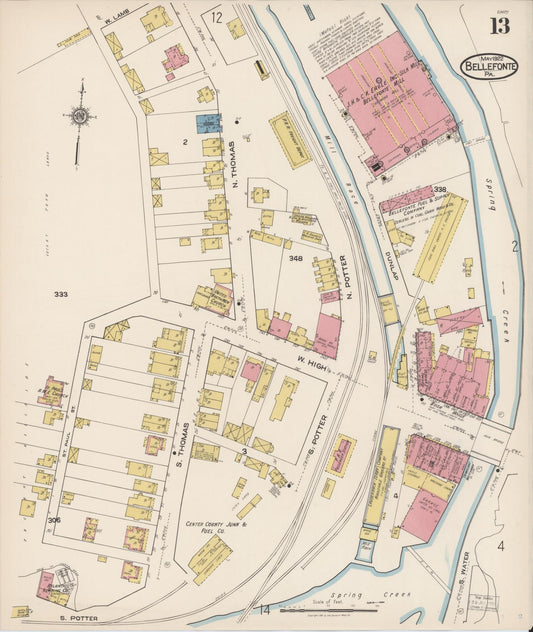 Sanborn Fire Insurance Map from Bellefonte, Centre County, Pennsylvania (1922), Sheet #0013 - Historic Sanborn Fire Insurance Map Print, vintage old map wall art, antique decor, genealogy gift, Pennsylvania Pennsylvania map