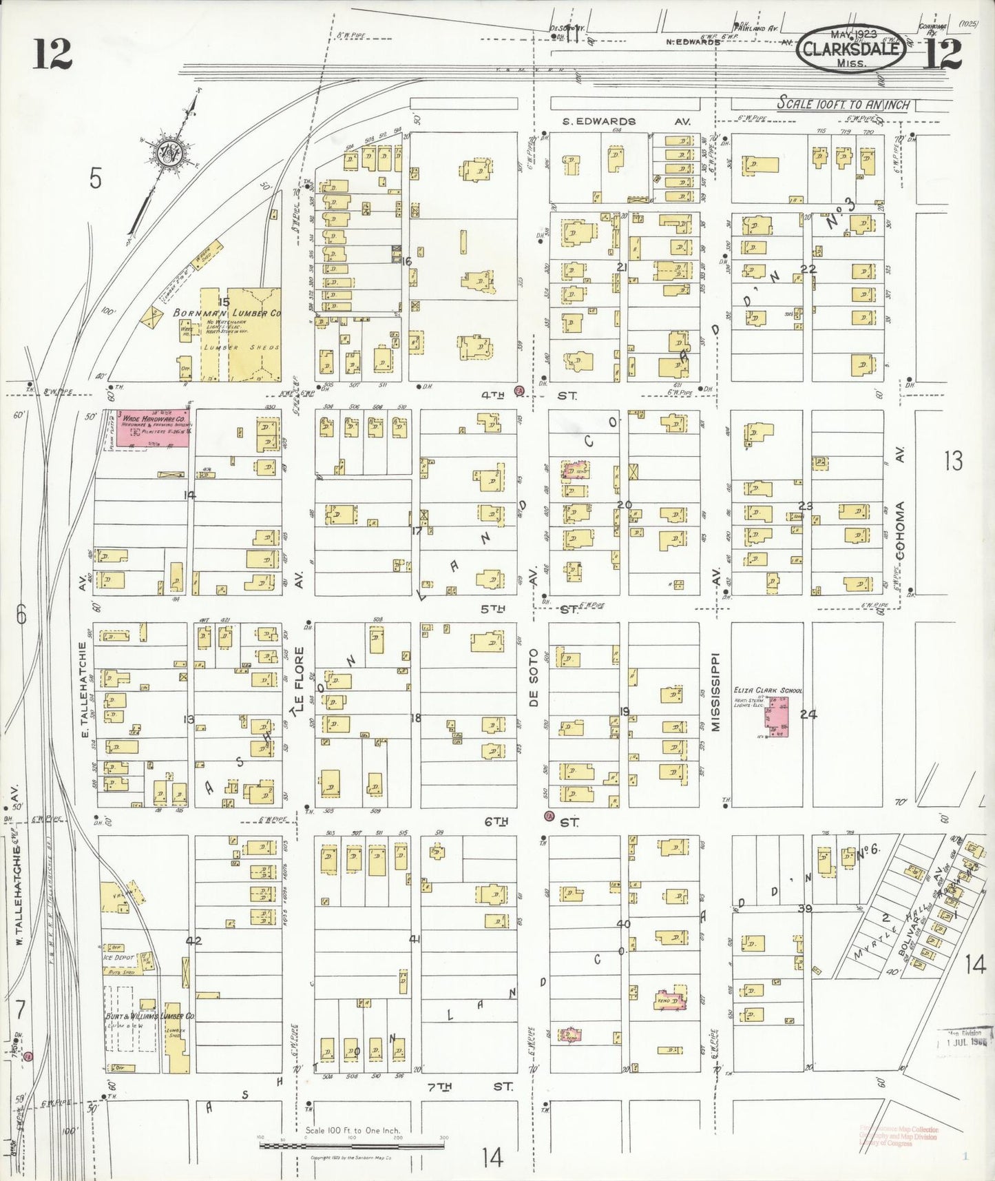 Sanborn Fire Insurance Map from Clarksdale, Coahoma County, Mississippi (1923), Sheet #0012 - Complete Map Set gallery image, historic Sanborn map, vintage wall art, Mississippi Mississippi