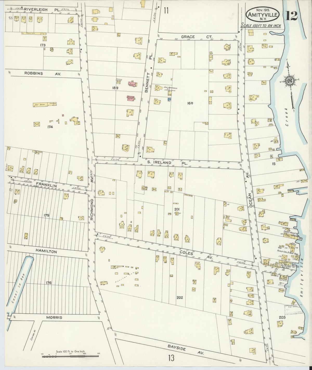 Sanborn Fire Insurance Map from Amityville, Suffolk County, New York (1915), Sheet #0012 - Complete Map Set gallery image, historic Sanborn map, vintage wall art, New York New York
