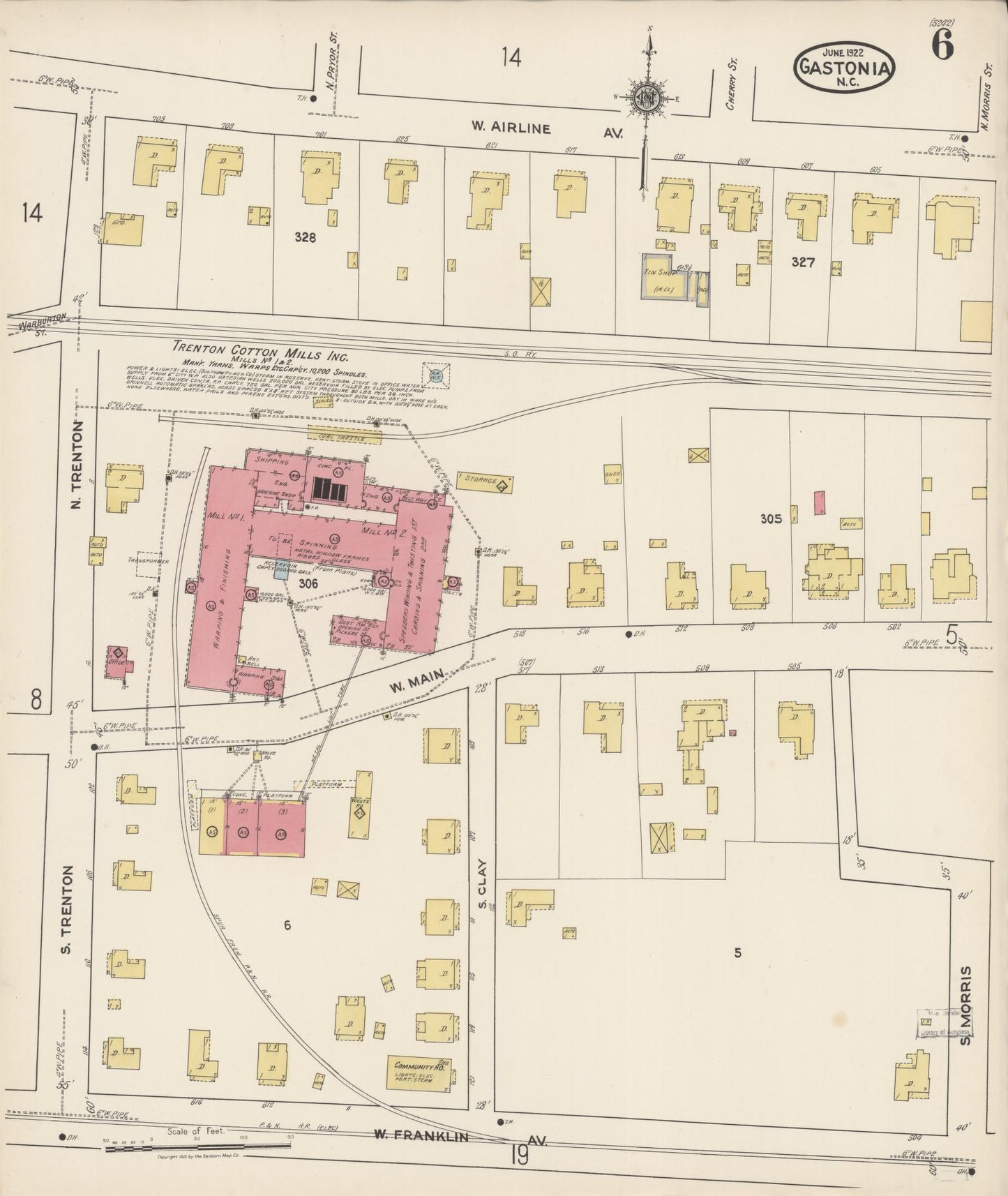 Sanborn Fire Insurance Map from Gastonia, Gaston County, North Carolina (1922), Sheet #0006 - Historic Sanborn Fire Insurance Map Print, vintage old map wall art, antique decor, genealogy gift, North Carolina North Carolina map