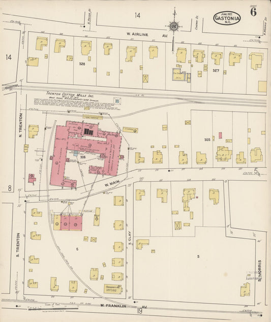 Sanborn Fire Insurance Map from Gastonia, Gaston County, North Carolina (1922), Sheet #0006 - Historic Sanborn Fire Insurance Map Print, vintage old map wall art, antique decor, genealogy gift, North Carolina North Carolina map