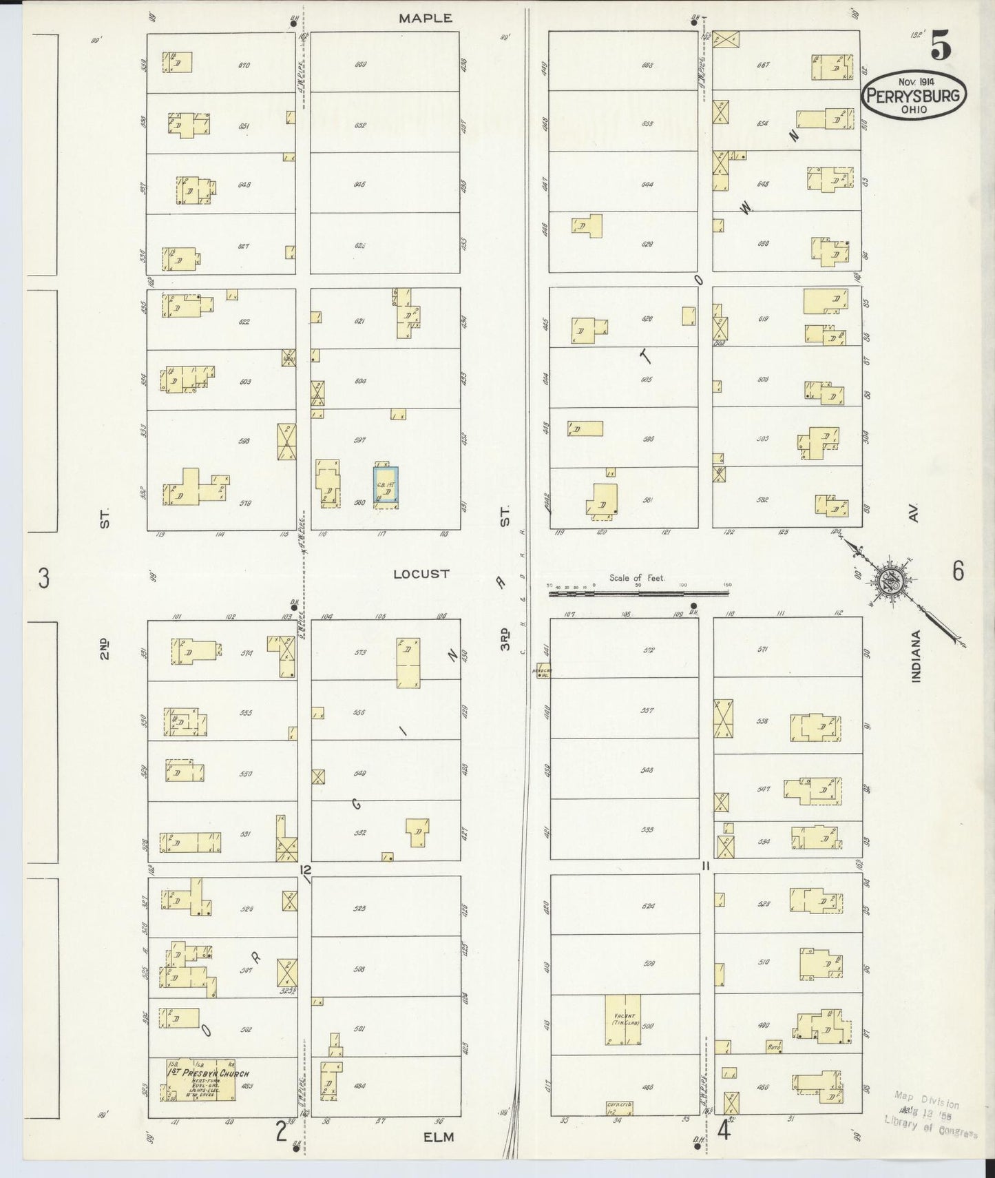 Sanborn Fire Insurance Map from Perrysburg, Wood County, Ohio (1914), Sheet #0005 - Historic Sanborn Fire Insurance Map Print, vintage old map wall art, antique decor, genealogy gift, Ohio Ohio map