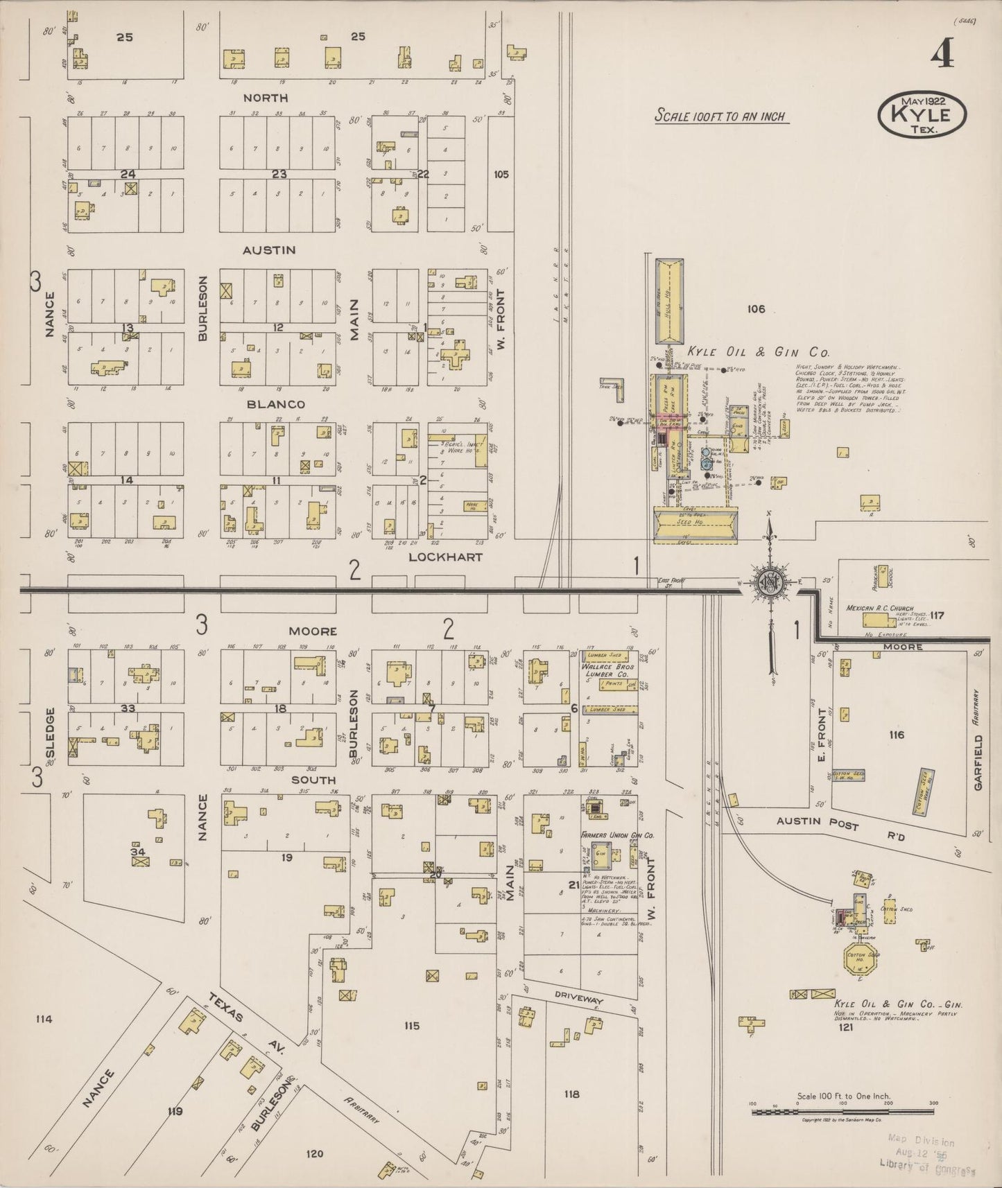 Sanborn Fire Insurance Map from Kyle, Hays County, Texas (1922), Sheet #0004 - Historic Sanborn Fire Insurance Map Print, vintage old map wall art, antique decor, genealogy gift, Texas Texas map