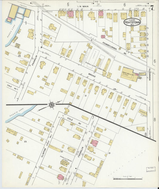 Sanborn Fire Insurance Map from Hightstown, Mercer County, New Jersey (1916), Sheet #0007 - Historic Sanborn Fire Insurance Map Print, vintage old map wall art, antique decor, genealogy gift, New Jersey New Jersey map