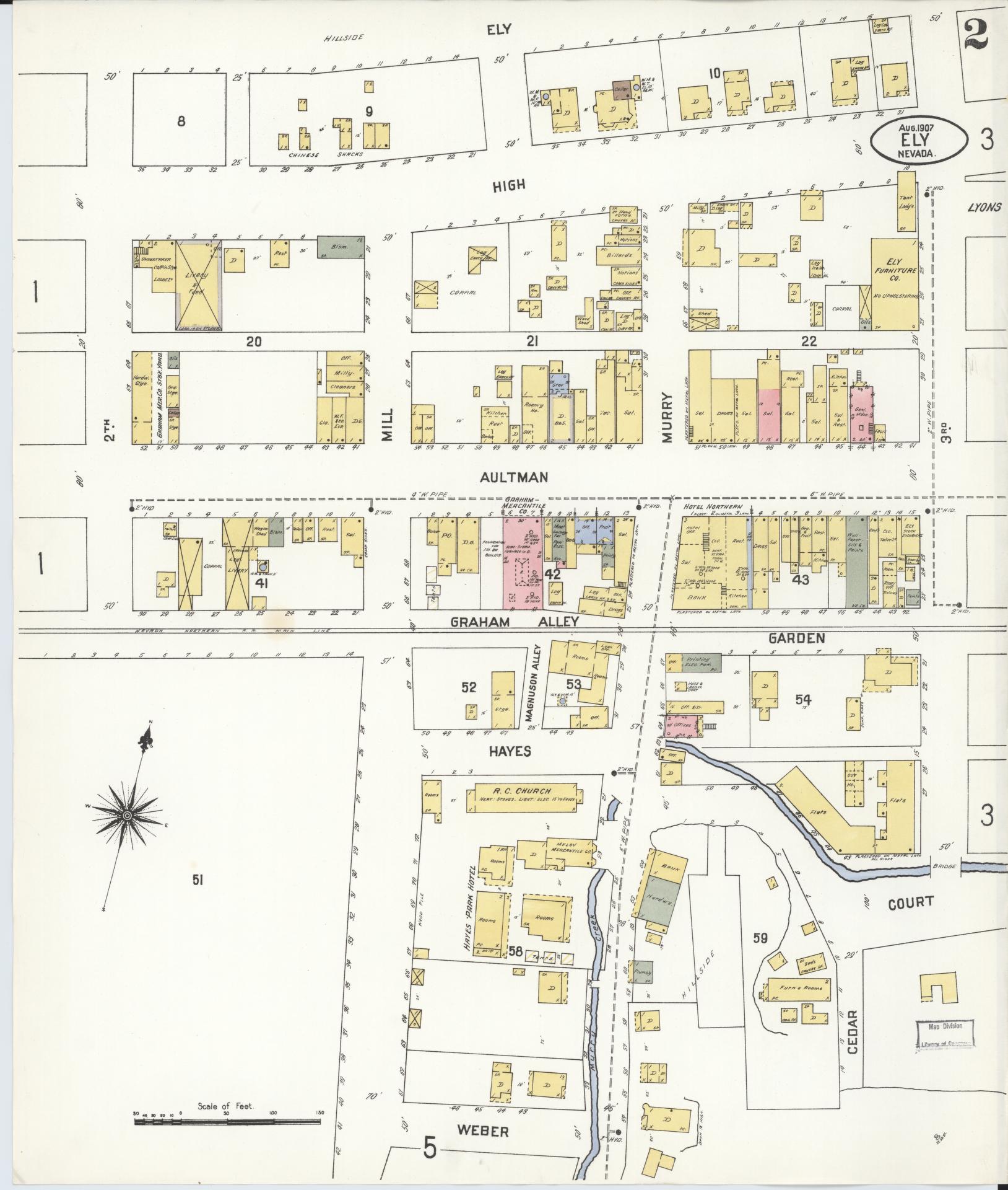 Sanborn Fire Insurance Map from Ely, White Pine County, Nevada (1907), Sheet #0002 - Complete Map Set gallery image, historic Sanborn map, vintage wall art, Nevada Nevada