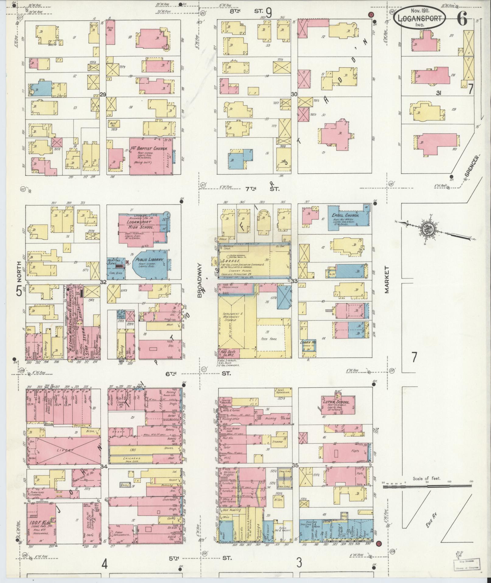 Sanborn Fire Insurance Map from Logansport, Cass County, Indiana (1911), Sheet #0006 - Historic Sanborn Fire Insurance Map Print, vintage old map wall art, antique decor, genealogy gift, Indiana Indiana map
