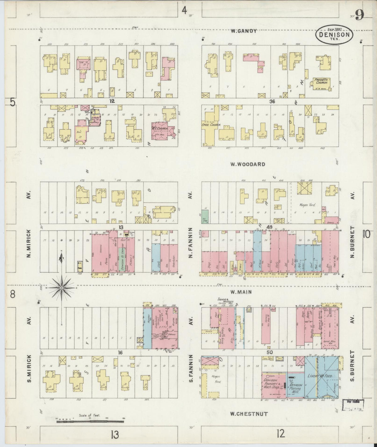 Sanborn Fire Insurance Map from Denison, Grayson County, Texas (1897), Sheet #0009 - Historic Sanborn Fire Insurance Map Print, vintage old map wall art, antique decor, genealogy gift, Texas Texas map