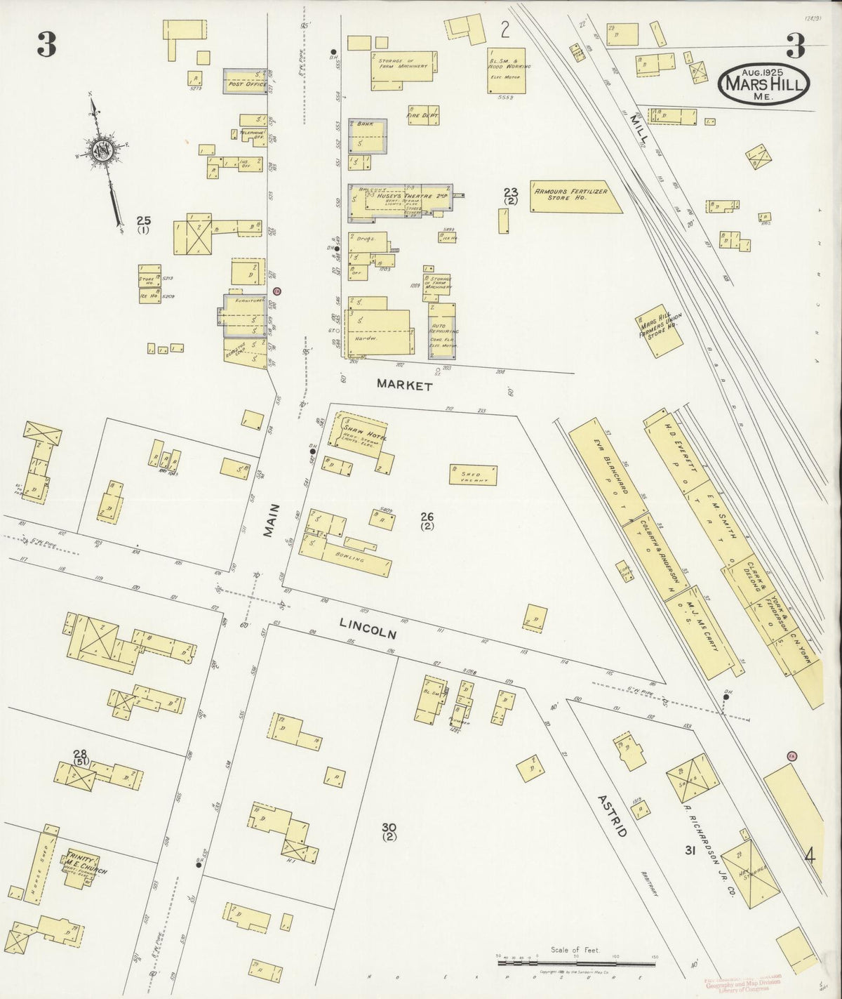 Sanborn Fire Insurance Map from Mars Hill, Aroostook County, Maine (1925), Sheet #0003 - Complete Map Set gallery image, historic Sanborn map, vintage wall art, Maine Maine